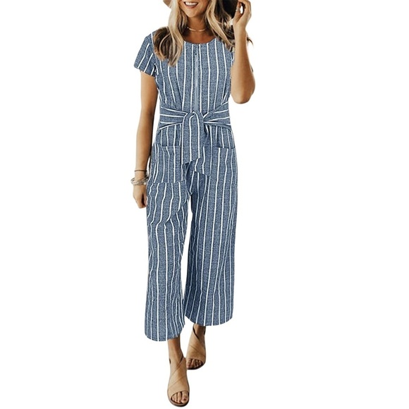 🆕 POCKET JUMPSUIT Casual Striped Wide Leg - Picture 8 of 13
